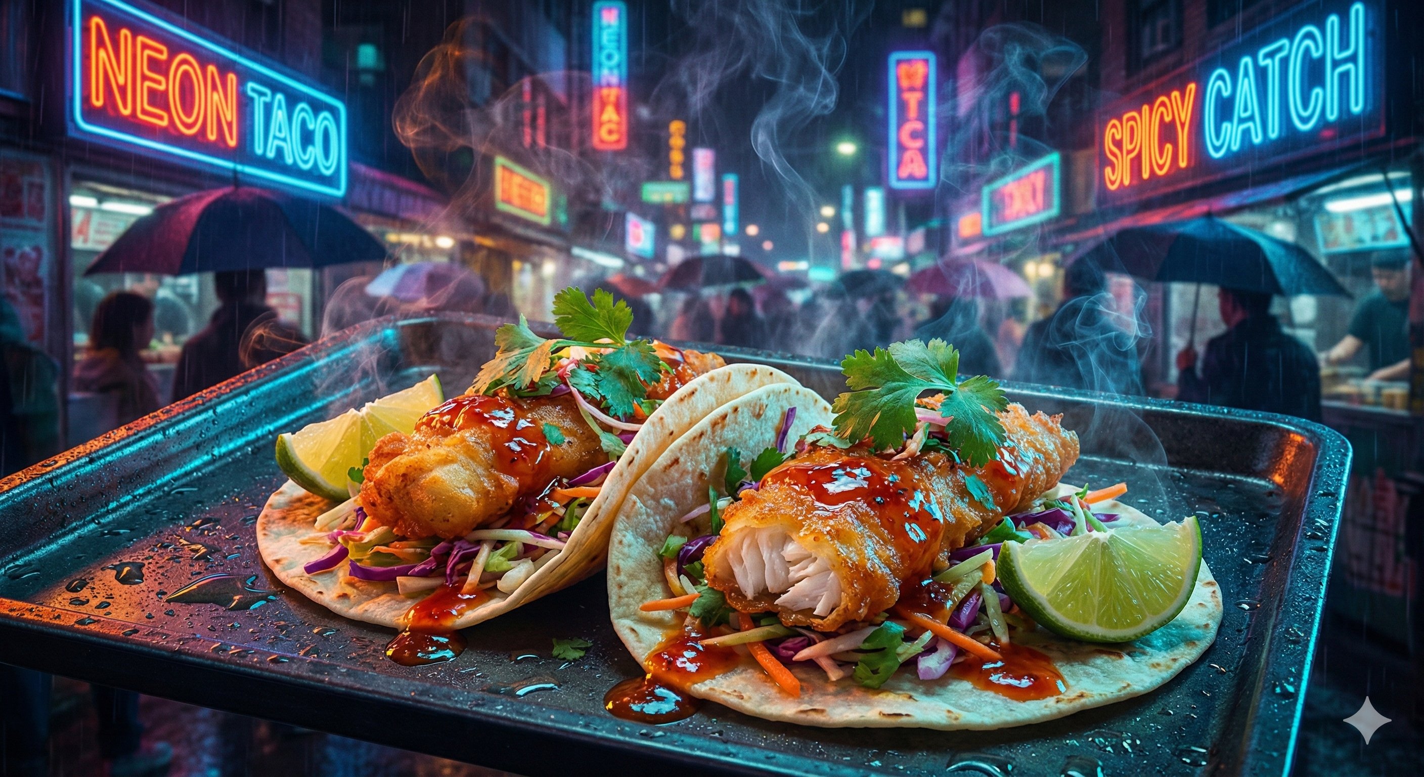 Hyper-stylized street food advertisement of [Food Name]